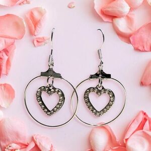 Hand Crafted Silver Hoop Earrings with Crystal Heart Charms